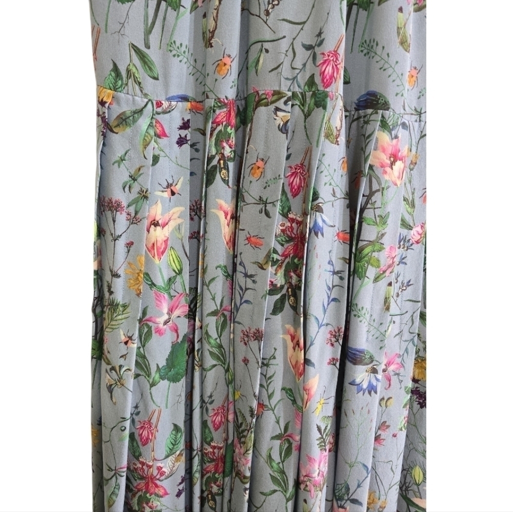 The Kooples Silk Folkloric Print Midi Dress XS Light Blue Floral Pleated Skirt - Picture 7 of 12